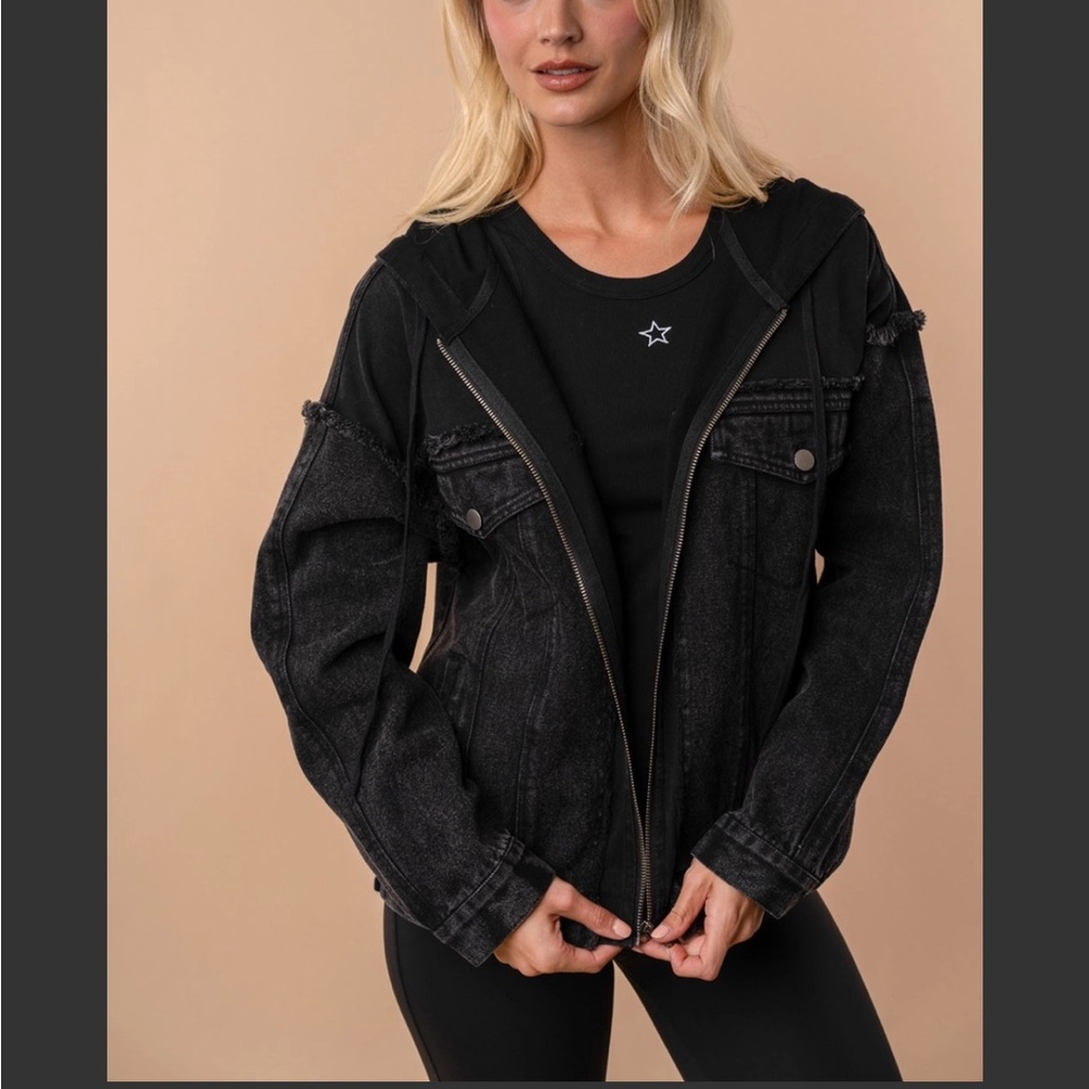 New White Birch Black Label Long Sleeve Solid Denim Jacket with Hood Sz XL Black